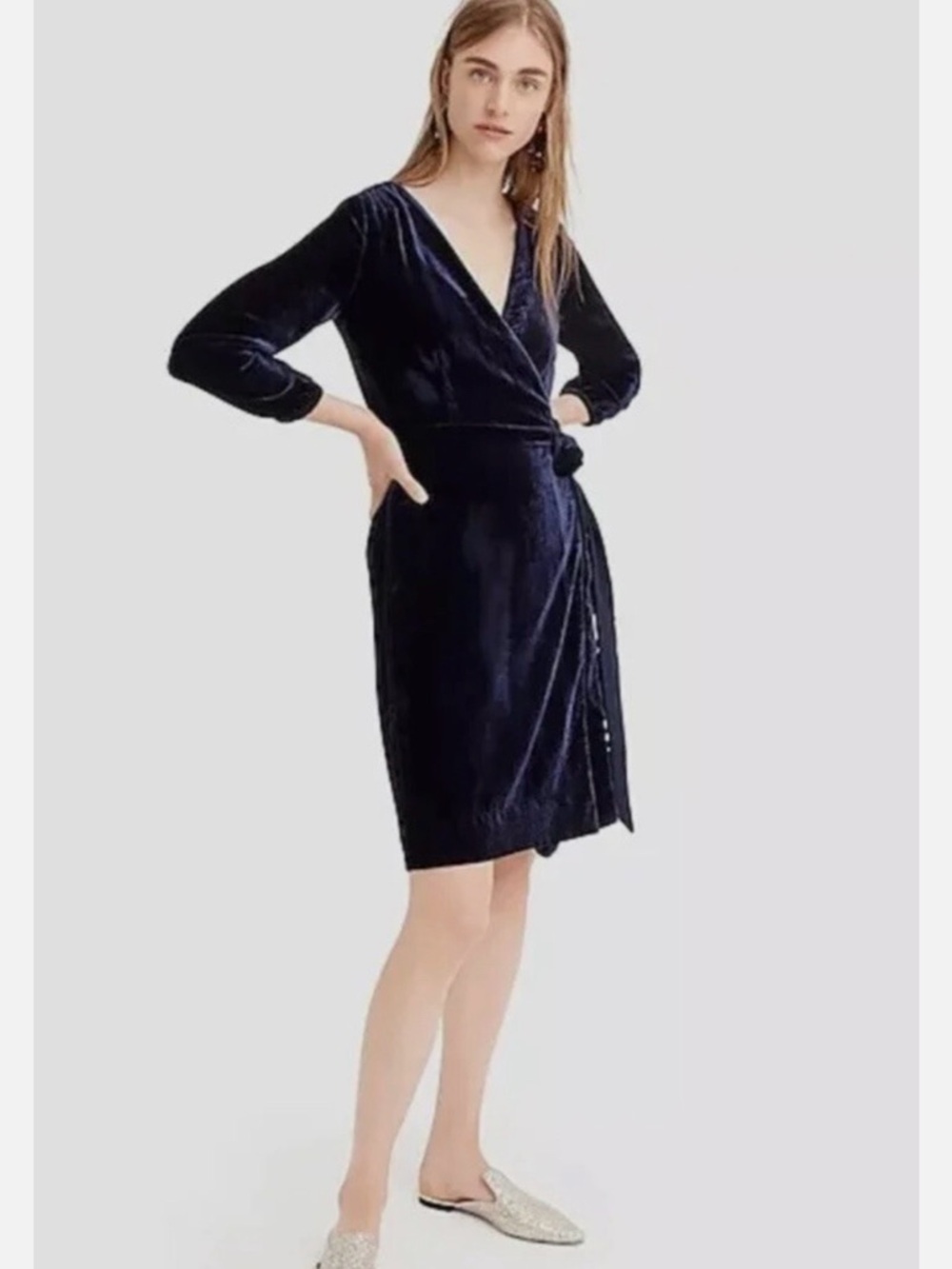 J.Crew Navy Blue Velvet Wrap Dress NWT Size 0 Long Sleeve Holiday Party Cocktail